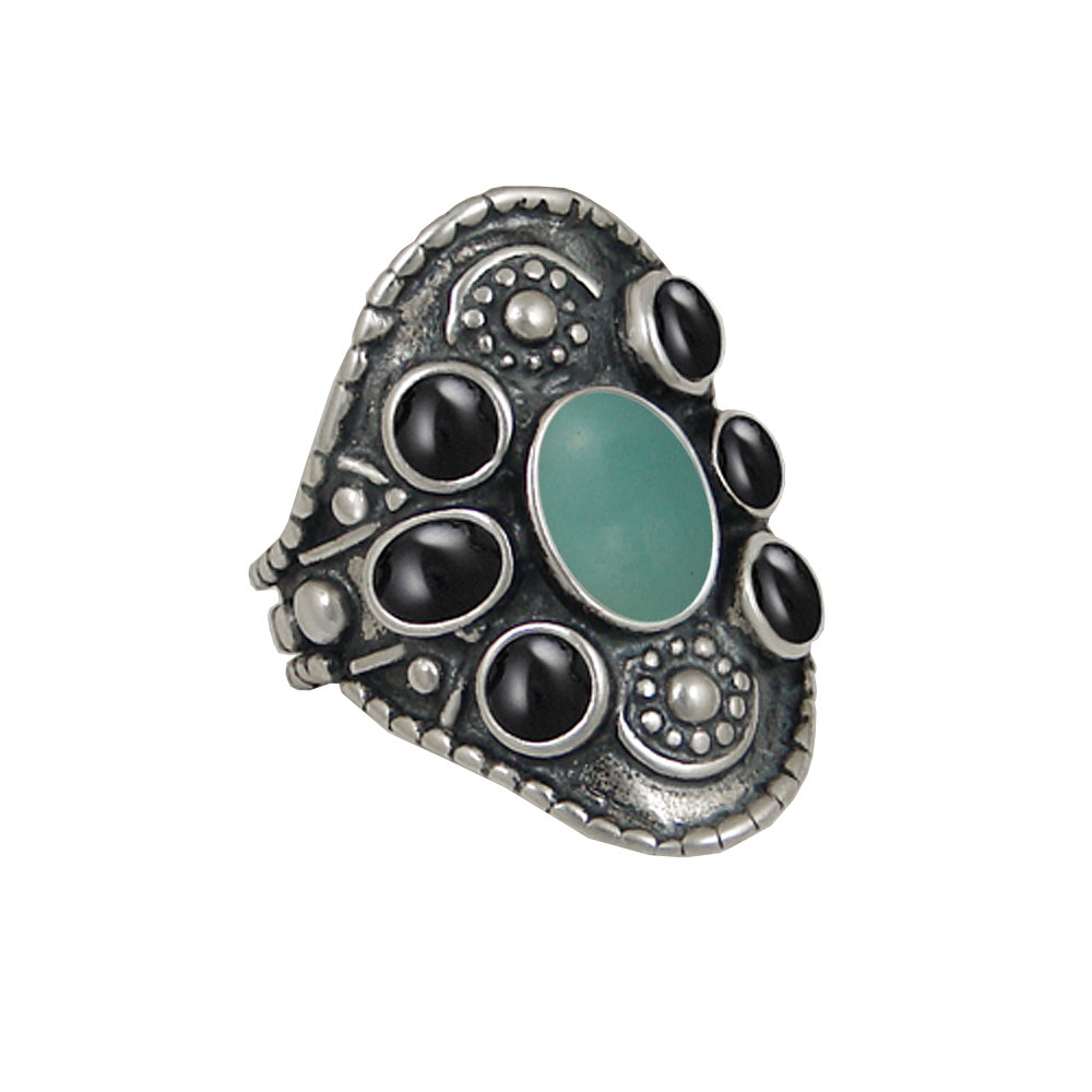 Sterling Silver High Queen's Ring With Aventurine And Black Onyx Size 9